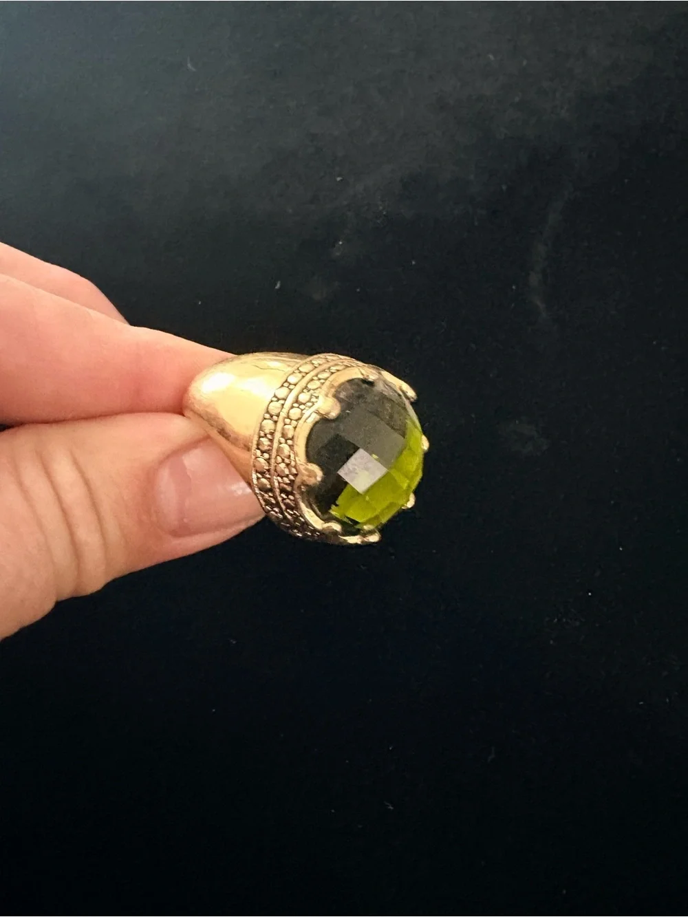 Heavy Crown Gold-Tone Statement Ring with Dark Green Stone